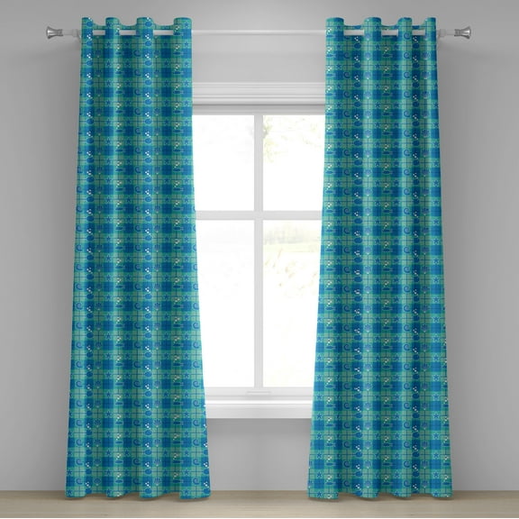 Ambesonne Sea Shells Grommet Curtain, Plaid Pattern Marine, 50" x 120", Mint Green Blue White