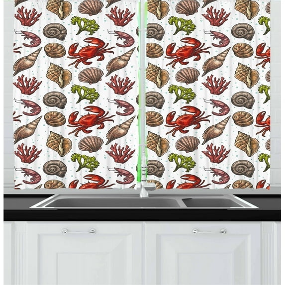 Ambesonne Sea Shells Kitchen Curtains, Maritime Shrimps, 55"x39", Multicolor
