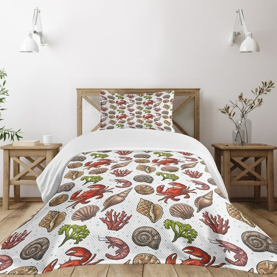 Ambesonne Sea Shells Quilted Bedspread Set 2 Pcs, Maritime Shrimps, Twin Size, Multicolor