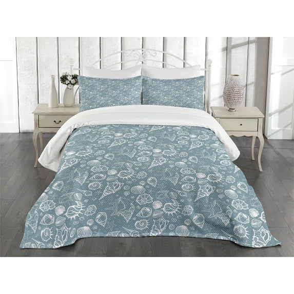 Ambesonne Sea Shells Quilted Bedspread Set 3 Pcs, Doodle Style Pattern, King Size, Blue Grey White