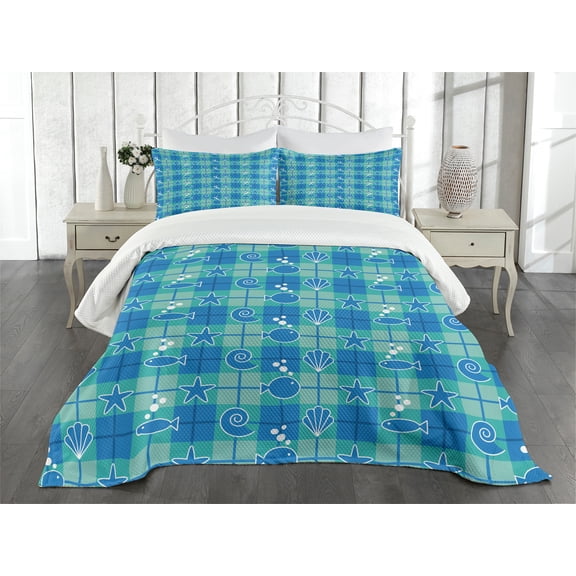 Ambesonne Sea Shells Quilted Bedspread Set 3 Pcs, Plaid Pattern Marine, King Size, Mint Green Blue White