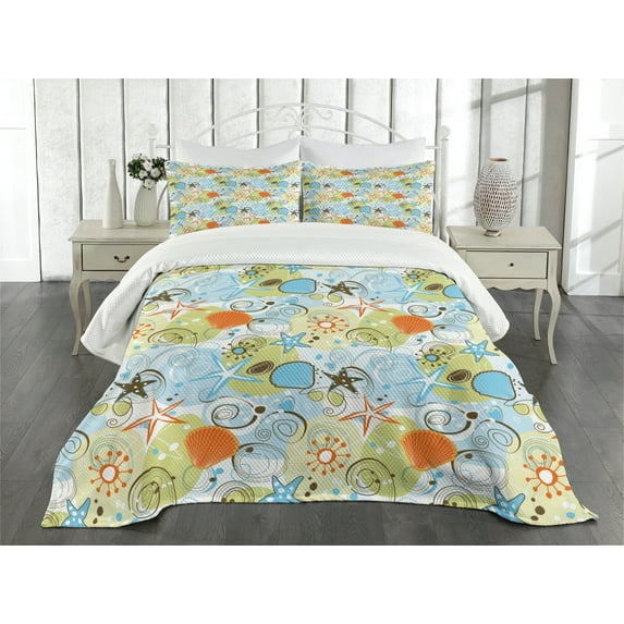Ambesonne Sea Shells Quilted Bedspread Set 3 Pcs, Retro Beach Pattern, King Size, Multicolor