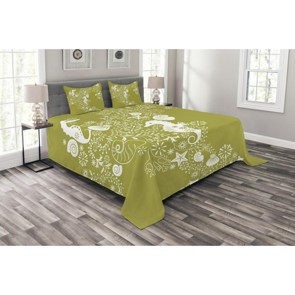 Ambesonne Sea Shells Quilted Bedspread Set 3 Pcs, Swirls with Seahorse, King Size, Yellow Green White