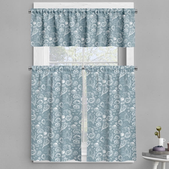 Ambesonne Sea Shells Valance & Curtain, Doodle Style Pattern, 55"x30", Blue Grey White