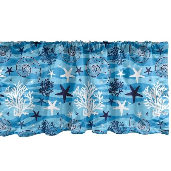 Ambesonne Sea Shells Window Valance, Starfish and Scallop, 54" X 18", Blue Dark Blue White