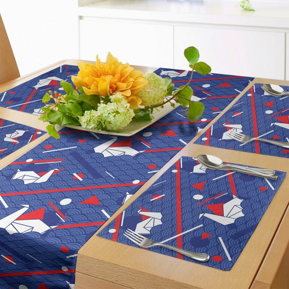 Ambesonne Sea Table Runner & Placemats, Origami Swans Seigaiha Waves, Placemat 4 pcs + Runner 14"x90", Vermilion Persian Blue
