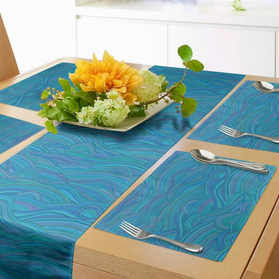 Ambesonne Sea Table Runner & Placemats, Unusual Waves Ocean River Art, Placemat 4 pcs + Runner 12"x72", Pale Blue Turquoise
