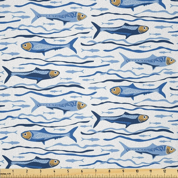 Ambesonne Sea Theme Fabric by the Yard Microfiber, Swimming Wavy Ocean Art, 5 Yards, White Night Blue Camel