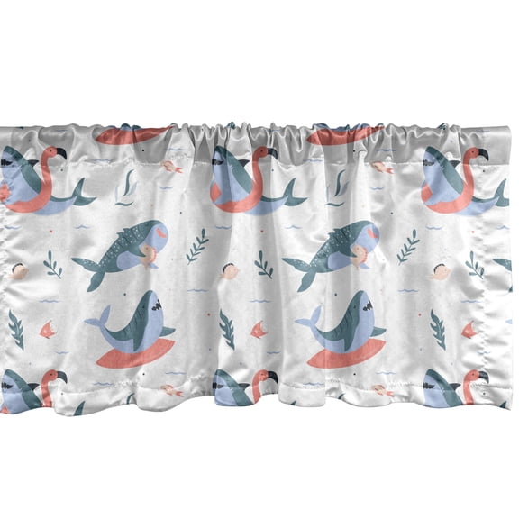 Ambesonne Sea Theme Window Valance, Cartoon Funny Sharks Art, 42" x 12", White Cadet Blue Coral