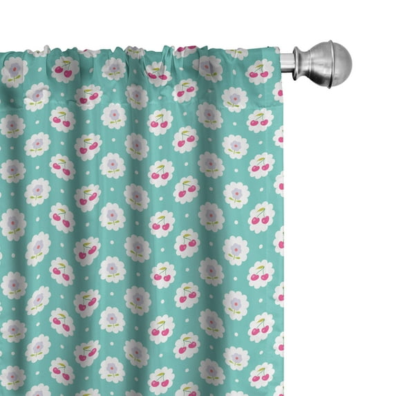 Ambesonne Seafoam Window Curtains, Cherry and Flowers, Each 28" W x 63" L, Sea Green Dark Coral