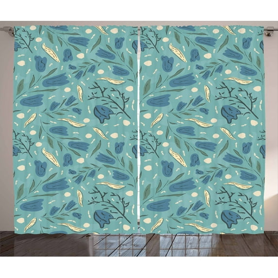Ambesonne Seafoam Curtains 2 Panel Set, Aquarelle Floral Motif, 108" x 84", Seafoam Night Blue Ivory