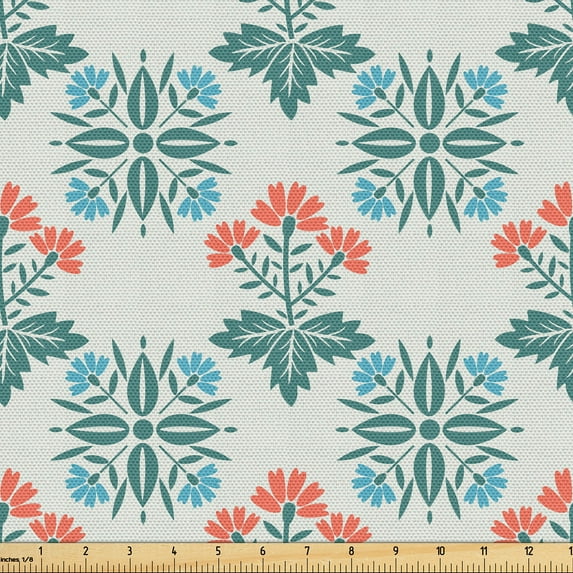 Ambesonne Seafoam Fabric by the Yard Upholstery, Abstract Spring Motifs, 1 Yard, Seafoam Teal Dark Coral
