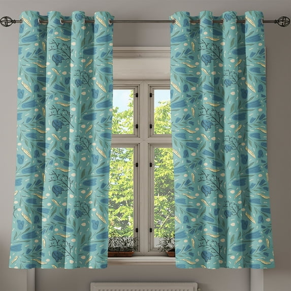 Ambesonne Seafoam Grommet Curtain, Aquarelle Floral Motif, 50" x 63", Seafoam Night Blue Ivory