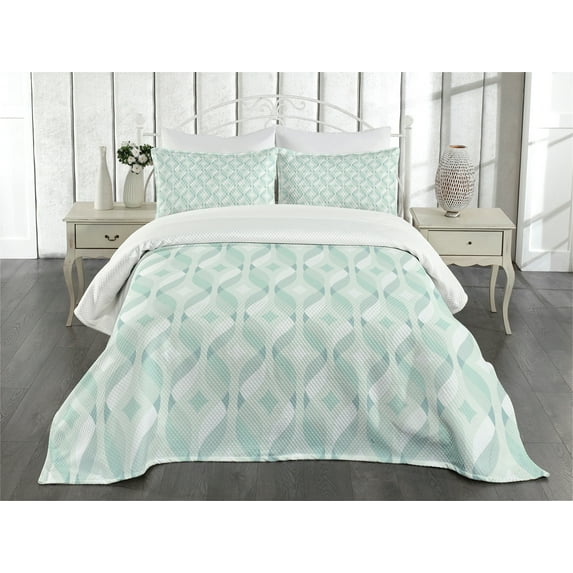 Ambesonne Seafoam Quilted Bedspread Set 3 Pcs, Tangled Lines Rhombus, King Size, Pale Blue Seafoam White