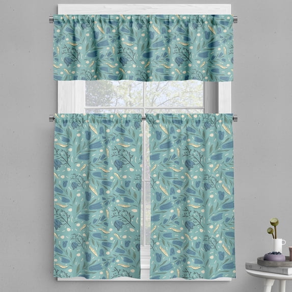 Ambesonne Seafoam Valance & Curtain, Aquarelle Floral Motif, 55"x24", Seafoam Night Blue Ivory