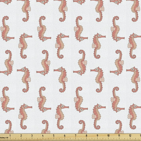 Ambesonne Seahorse Fabric by the Yard Upholstery, Doodle Seahorse, 10 Yards, Coral Peach and White