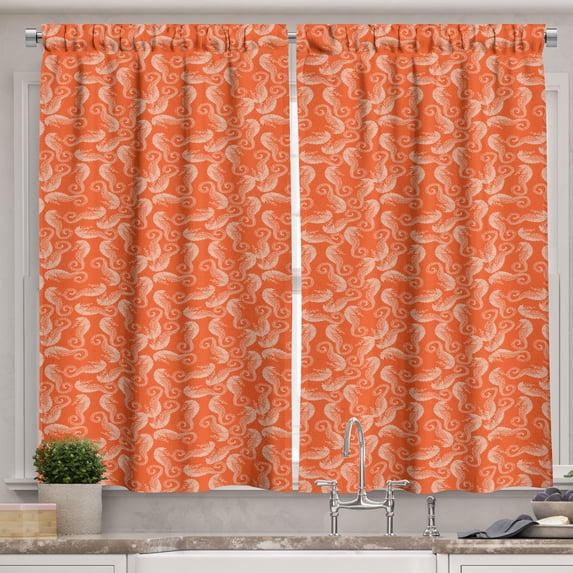 Ambesonne Seahorse Kitchen Curtains, Cartoon Curvy, 55"x39", Burnt Sienna and White