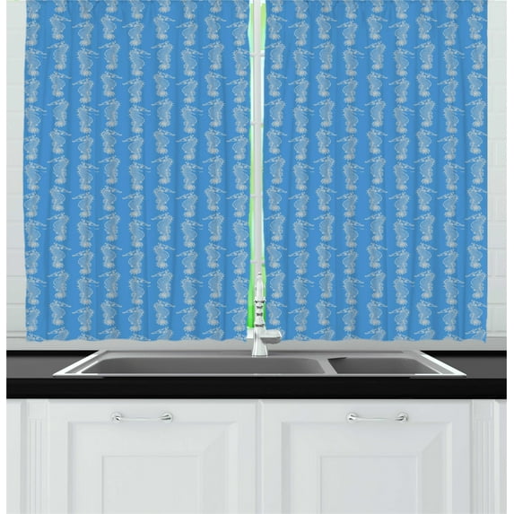 Ambesonne Seahorse Kitchen Curtains, Hand Drawn Ocean Animal, 55"x45", Dark Sky Blue Champagne