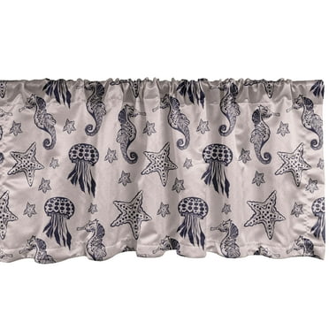 Ambesonne Seahorse Window Valance, Continuous Pattern with Doodle Seahorse Seafish and Jellyfish Print, Curtain Valance for Kitchen Bedroom Decor with Rod Pocket, 54" X 18", Indigo and Pale Mauve
