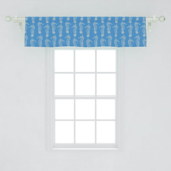 Ambesonne Seahorse Window Valance, Hand Drawn Ocean Animal, 54" X 12", Dark Sky Blue Champagne