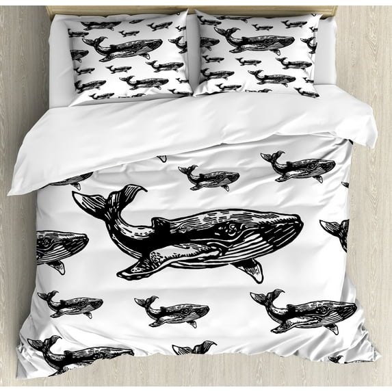 Ambesonne Sealife Duvet Cover Set, Hand Drawn Big Whales, 2-Calking, Black and White