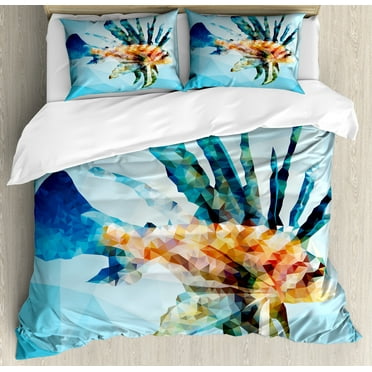 Ambesonne Sealife Duvet Cover Set, Ornamental Fish Style, Calking, Blue and Sky Blue