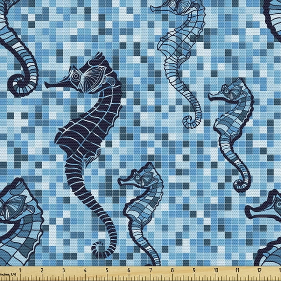Ambesonne Sealife Fabric by the Yard Upholstery, Ocean Mosaic Pattern, 10 Yards, Navy Turquoise