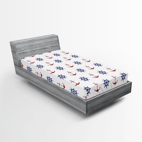 Ambesonne Sealife Fitted Sheet, Anchors and Ship Wheels, Twin Size, Navy Blue and Ruby