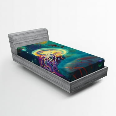 Ambesonne Sealife Fitted Sheet, Submarine Jellyfish, Twin Size, Teal Purple