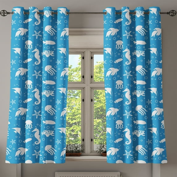 Ambesonne Sealife Grommet Curtain, Navy Seahorse Pipefish, 50" x 63", Turquoise White
