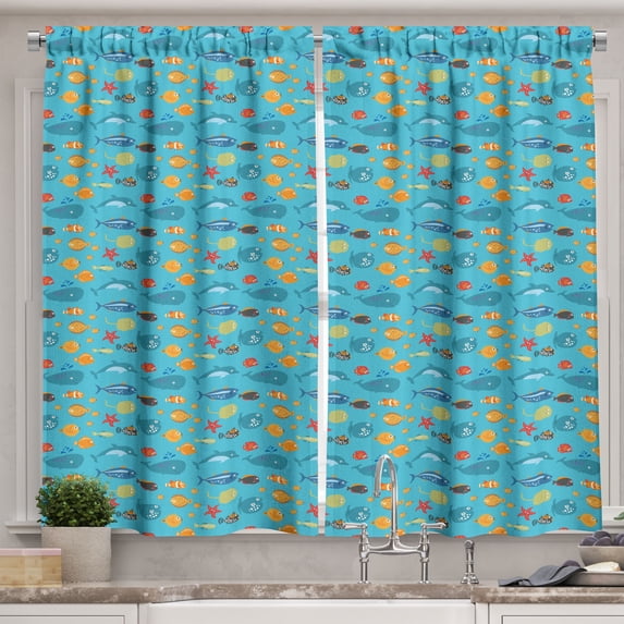 Ambesonne Sealife Kitchen Curtains, Cartoon Fishes Illustration, 55"x45", Sky Blue Multicolor