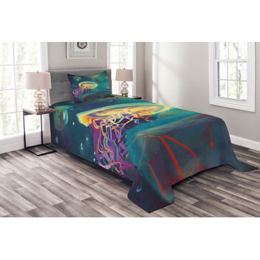 Ambesonne Sealife Quilted Bedspread Set 2 Pcs, Submarine Jellyfish, Twin Size, Teal Purple