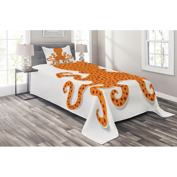 Ambesonne Sealife Quilted Coverlet 2 Pcs, Octopus Marine Mosters, Twin Size, Orange