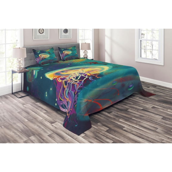 Ambesonne Sealife Quilted Coverlet 3 Pcs, Submarine Jellyfish, Queen Size, Teal Purple