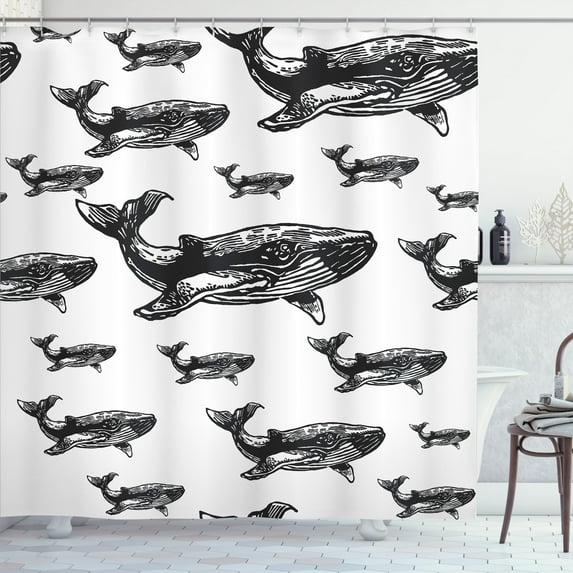 Ambesonne Sealife Shower Curtain, Hand Drawn Big Whales, 69"Wx84"L, Black and White