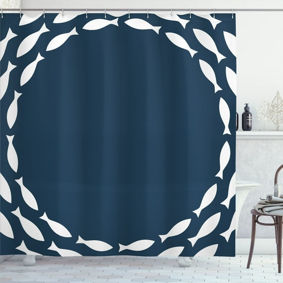 Ambesonne Sealife Shower Curtain, Ocean Navy Fish Circle, 69"Wx70"L, Navy Blue and White