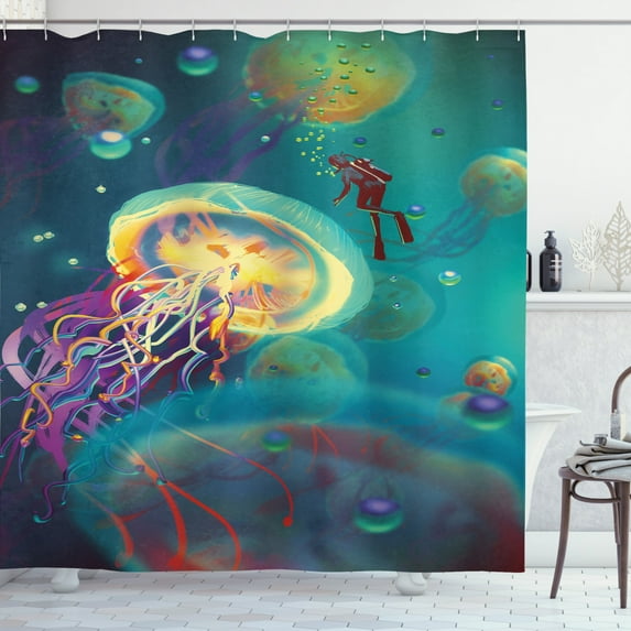 Ambesonne Sealife Shower Curtain, Submarine Jellyfish, 69"Wx75"L, Teal Purple