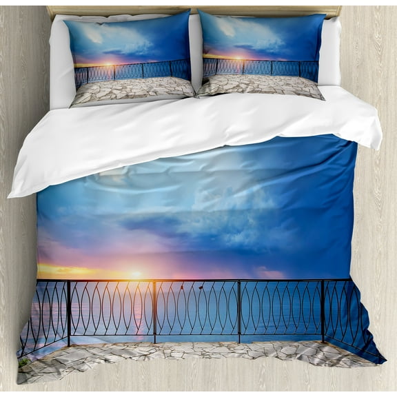 Ambesonne Seascape Duvet Cover Set, Balcony View Landscape, 2-Calking, Pale Blue White