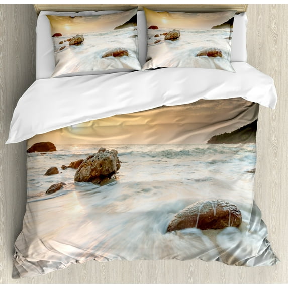 Ambesonne Seascape Duvet Cover Set, Beach and Horizon Sky, 2-Calking, Cream Blue White