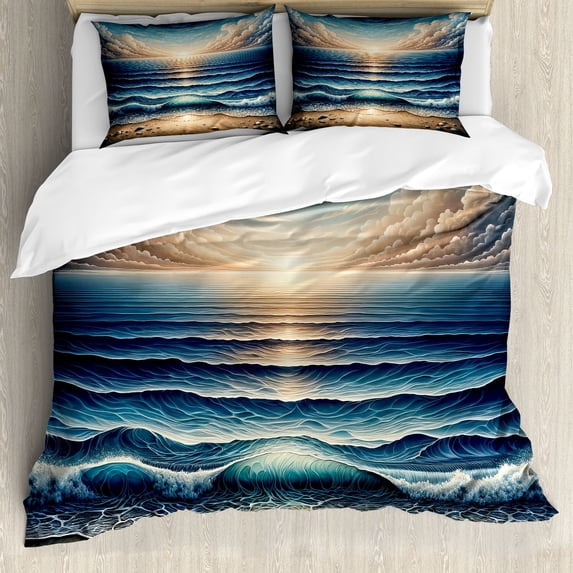 Ambesonne Seascape Duvet Cover Set, Fish Eye Effect Oceanic, Queen, Blue Pale Brown