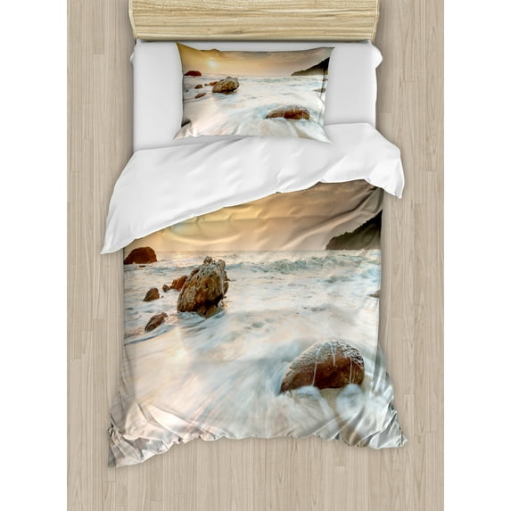 Ambesonne Seascape Duvet Cover Sets, Beach and Horizon Sky, 2-Twin, Cream Blue White