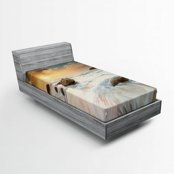 Ambesonne Seascape Fitted Sheet, Beach and Horizon Sky, Twin XL Size, Cream Blue White