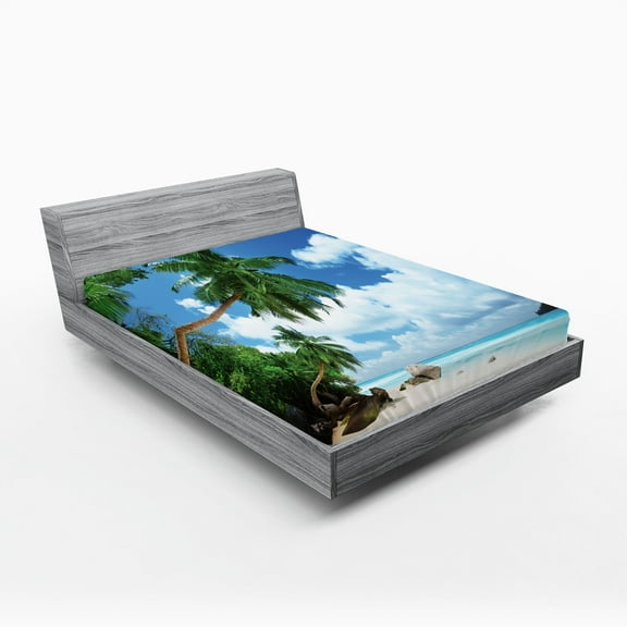 Ambesonne Seascape Fitted Sheet, Mahe Island in Seychelles, Full Size, Green Blue Aqua