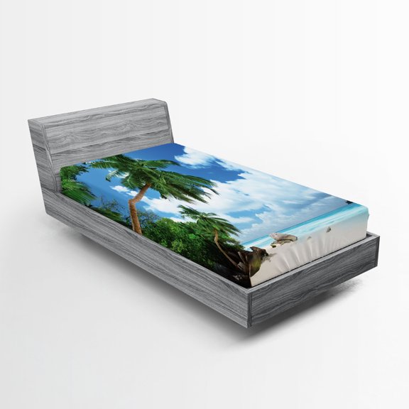 Ambesonne Seascape Fitted Sheet, Mahe Island in Seychelles, Twin Size, Green Blue Aqua