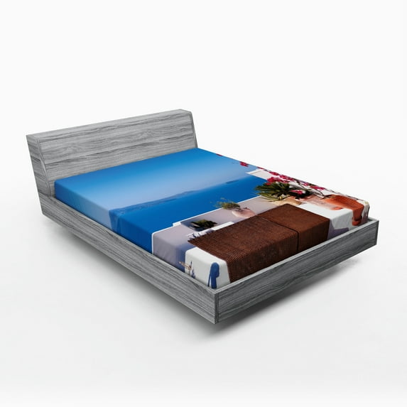 Ambesonne Seascape Fitted Sheet, Santorini Aegean Sea, Full Size, Pale Grey Sky Blue