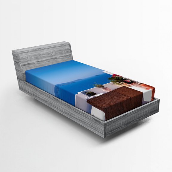 Ambesonne Seascape Fitted Sheet, Santorini Aegean Sea, Twin Size, Pale Grey Sky Blue