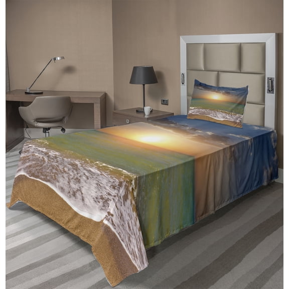 Ambesonne Seascape Fitted & Top Sheet Set with Sham, Sandy Beach Waves Sunset, Multicolor