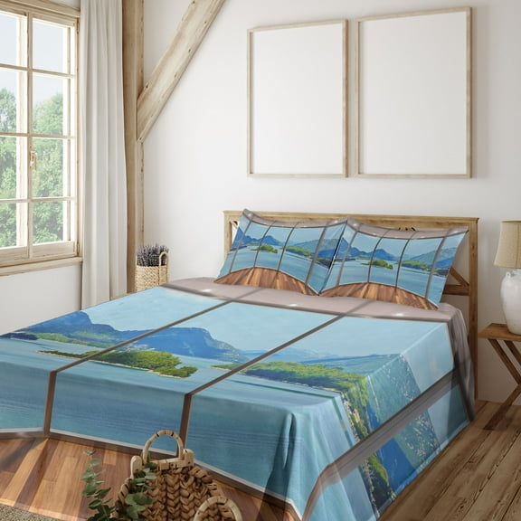 Ambesonne Seascape Fitted & Top Sheet Set with Shams, Beach Seaside Hills Window, Blue Brown