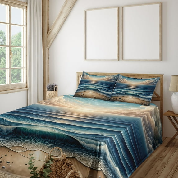 Ambesonne Seascape Fitted & Top Sheet Set with Shams, Fish Eye Effect Oceanic, Blue Pale Brown