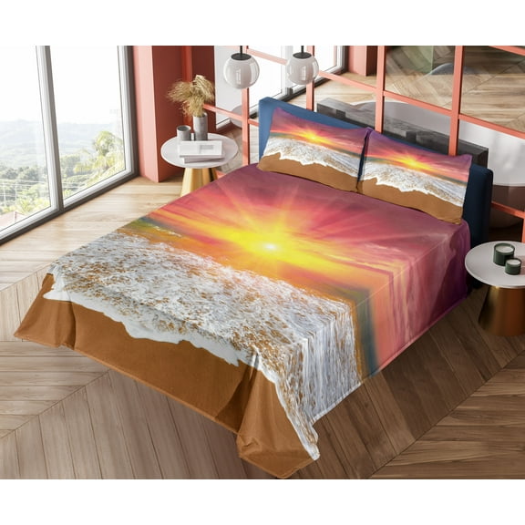 Ambesonne Seascape Fitted & Top Sheet Set with Shams, Vivid Coastal Scenery, Multicolor